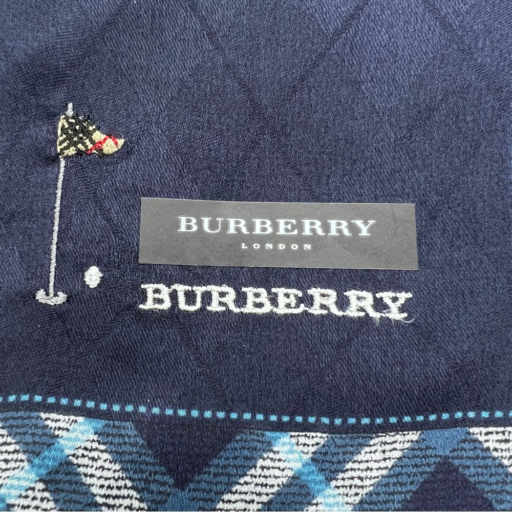 Burberry Blue Checkered Handkerchief Scarf with Golf Motif | New - Picture 2 of 7